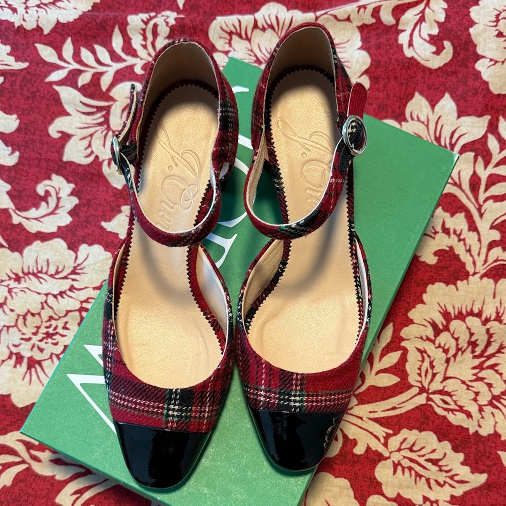 J. Crew Red Plaid Ankle Strap Block Heels